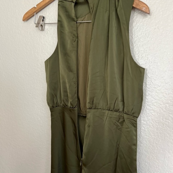 NWOT Distinctive Charm Olive Green Satin Asymmetrical Midi Dress - Picture 7 of 9